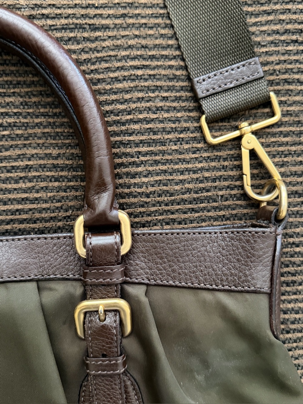 Vintage Dark Olive-Brown Prada Cervo-Trimmed Tessuto Handle Bag - Picture 11 of 15